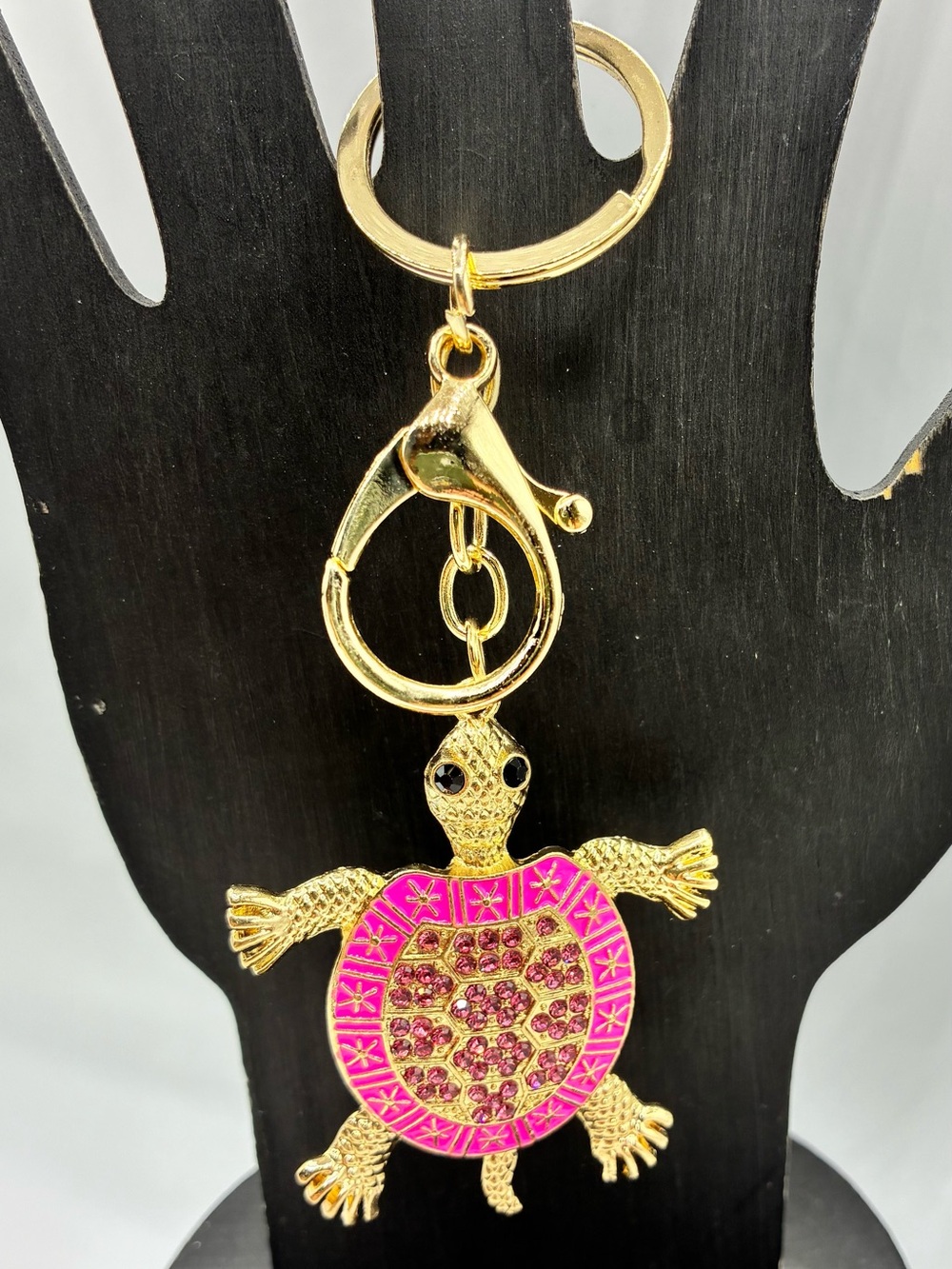 Gold-Tone Turtle Keychain with Hot Pink Shell
